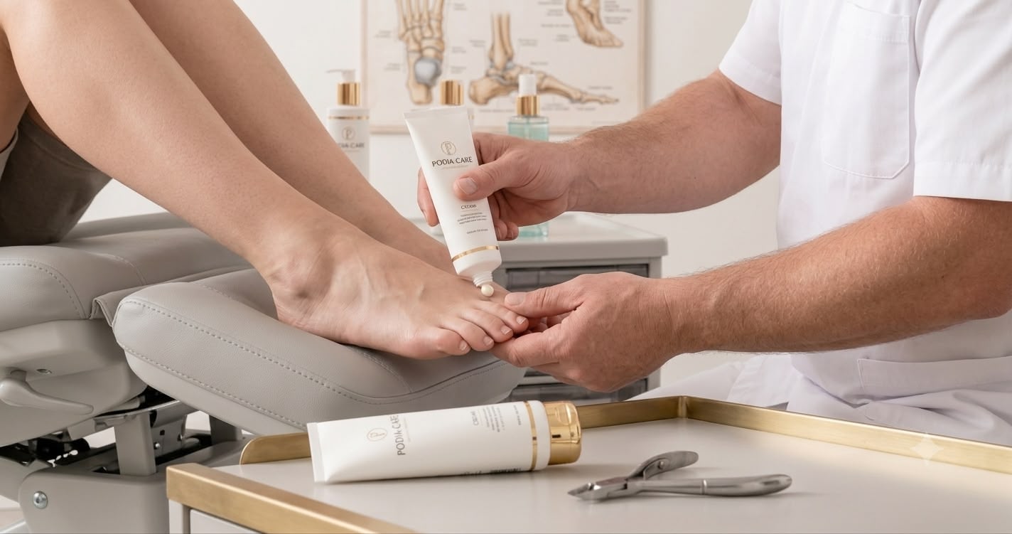 A person applies foot cream to a patient’s toes in a clinic setting. The patient’s feet rest on a cushioned chair, with medical tools and foot care products on a nearby tray.