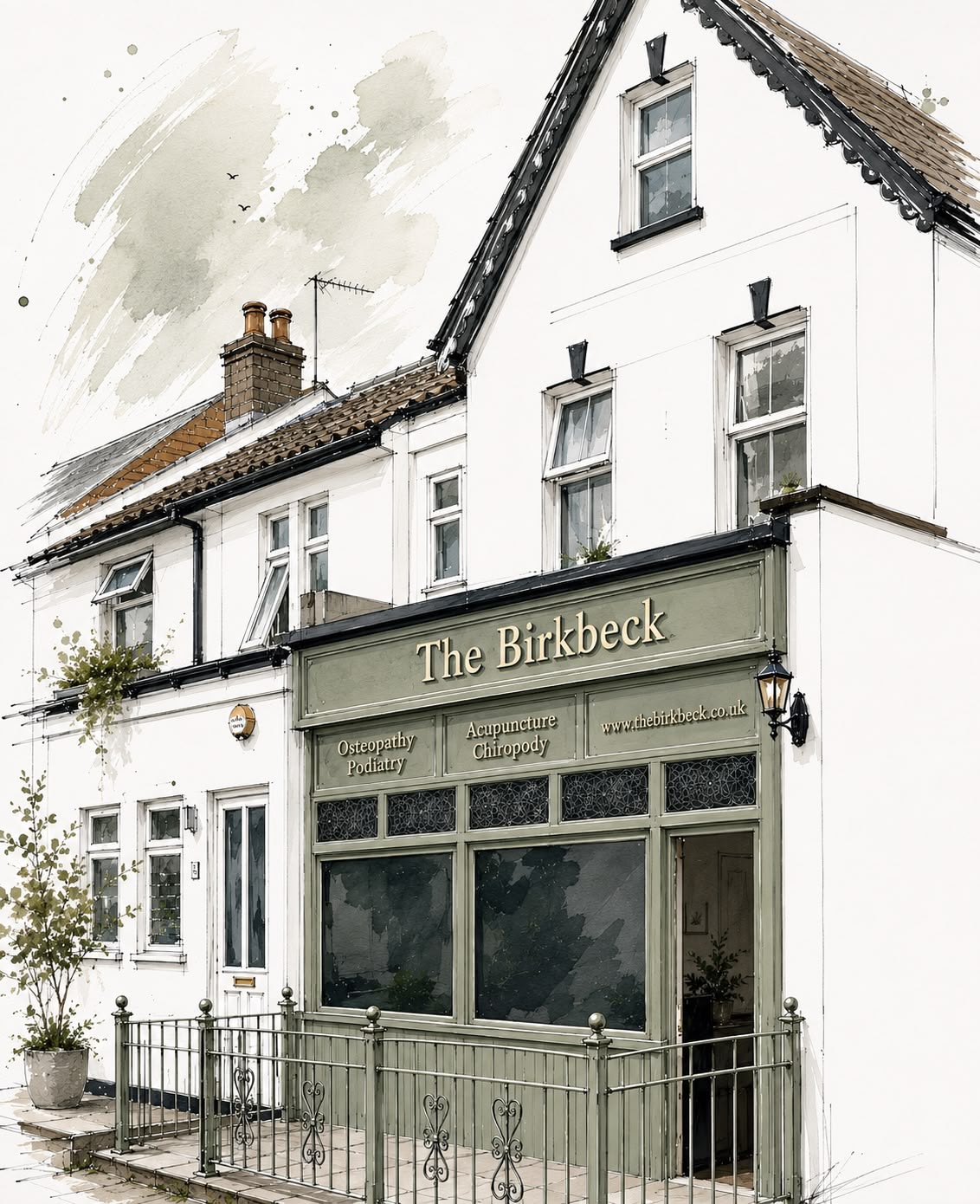 A white two-storey building with green trim houses The Birkbeck clinic, offering osteopathy, podiatry, acupuncture, and chiropody. A small fence and plants decorate the front entrance.